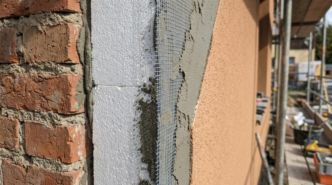 Detalle de las capas del sistema SATE: ladrillo, panel aislante EPS, malla de fibra de vidrio y acabado